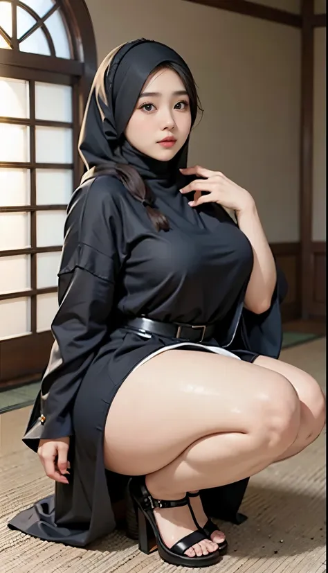 there is a woman kneeling down with a hijab, bbwchan, thicc, hijab outfit, hijab fashion model, korean girl, korean woman, weari...