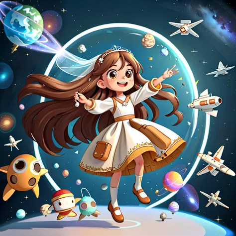 Girl with long brown hair，Put on a white wedding dress，bride，（Take the straw），（holding coca cola），flying in space and time（In flight)（Time and space tunnel），（There is love）happy，Surrounded by love，Surrounded by love，O sign，vector，line art，design，inspiratio...