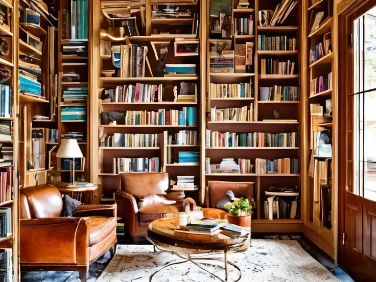 beautifully arranged, bookshelves, cozy reading nook, natural light, vintage books, leather-bound classics, vibrant covers, crea...