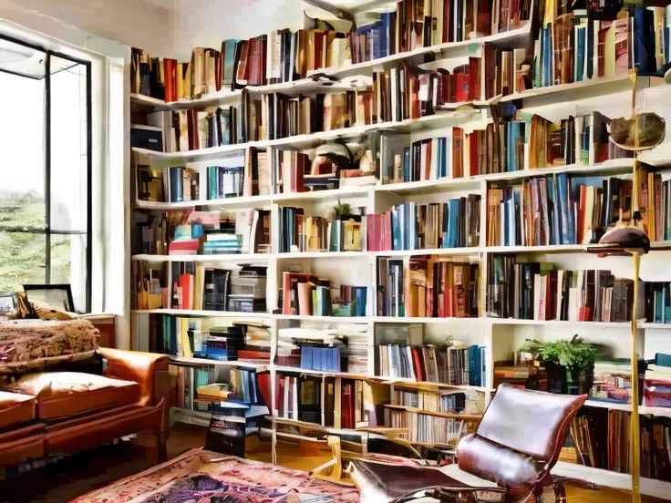 beautifully arranged, bookshelves, cozy reading nook, natural light, vintage books, leather-bound classics, vibrant covers, creative titles, bookworms paradise