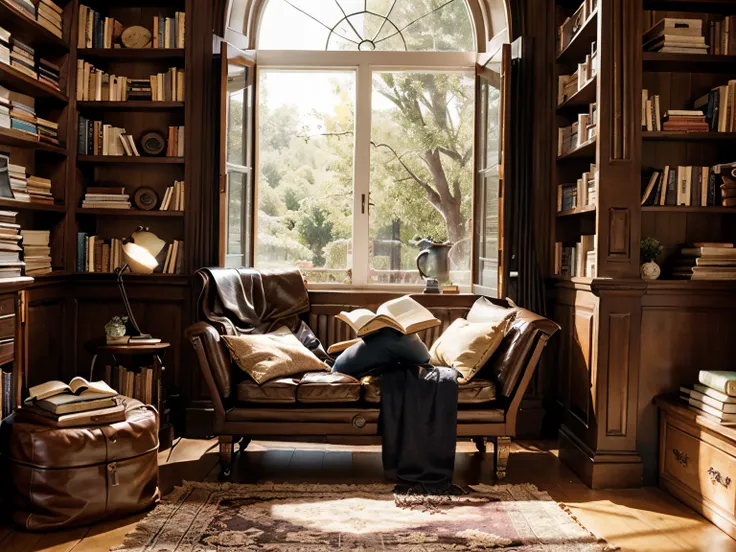 beautifully arranged, bookshelves, cozy reading nook, natural light, vintage books, leather-bound classics, vibrant covers, creative titles, bookworms paradise