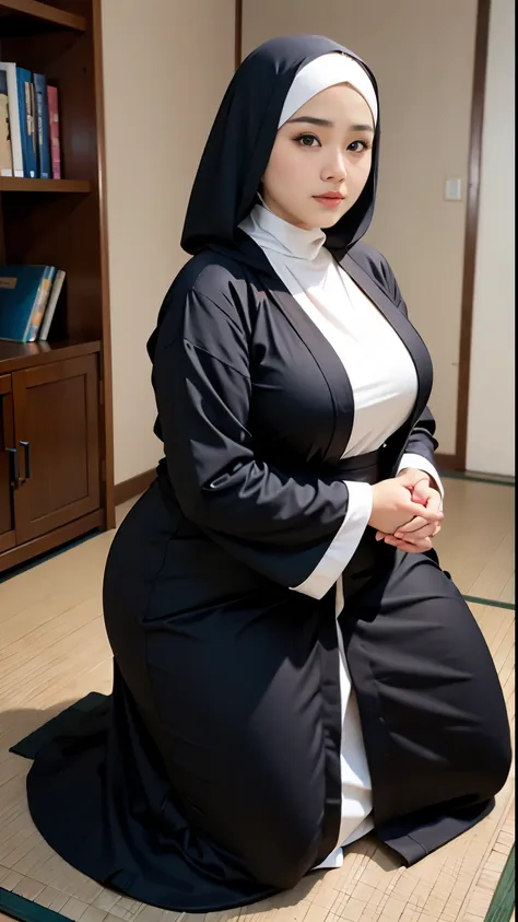 there is a woman kneeling down with a hujab, bbwchan, thicc, hijab outfit, nun fashion model, korean girl, korean woman, wearing...