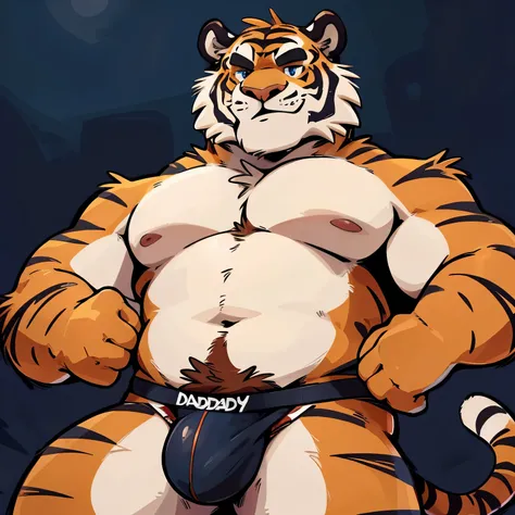 Explicit furry artwork by haps,tuft,very fluffy,Male tiger,big tiger, beautiful face, beautiful eyes,beautifull midnight background,big muscular ,jockstrap,full body,little visible penis,daddy pubes,sexy male,outline bulge