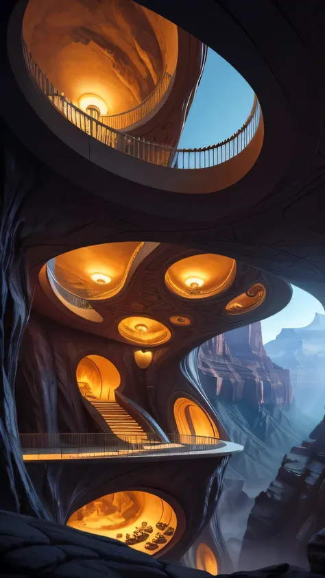 futuristic sci-fi masterpiece, cybernetic residential beehive pod architecture designs carved inside of grand canyon caves , realistic ,intricate, detailed ,modern, neo cave centric design,rocks,waterfalls,vegetation, organic futurism, indigenous futurism,...