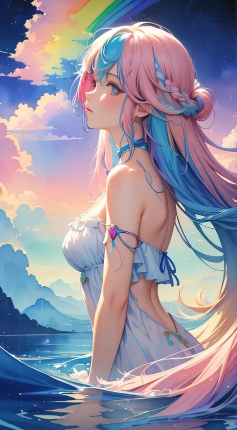 (masterpiece, highest quality, highest quality, watercolor (Moderately), official art, beauty and aesthetic: 1.2), (1 girl: 1.3), (fractal art: 1.3), Upper body, seen from the side, pattern, (rainbow hair, colored hair, half blue and half pink hair: 1.2), ...