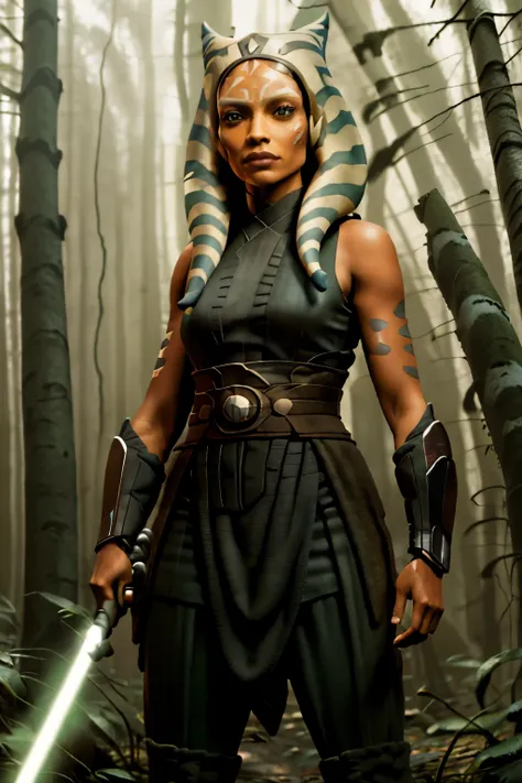 ahsokatano woman, rosario dawson in dark forest,  smirk, photorealistic, hyperrealistic, hyperdetailed, analog style, hip cocked...