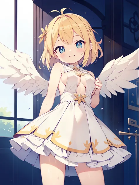 (angel girl:1.2), (1 person:1.2),(10 year old girl)、young girl、big breasts、 nffsw、shader、highly detailed eyes、big breasts、Loose and fluffy short hair、side boob、Glossy cleavage、blonde、angel wings、silky hair、Angel attire(White thin fabric、Plain color、mini sk...