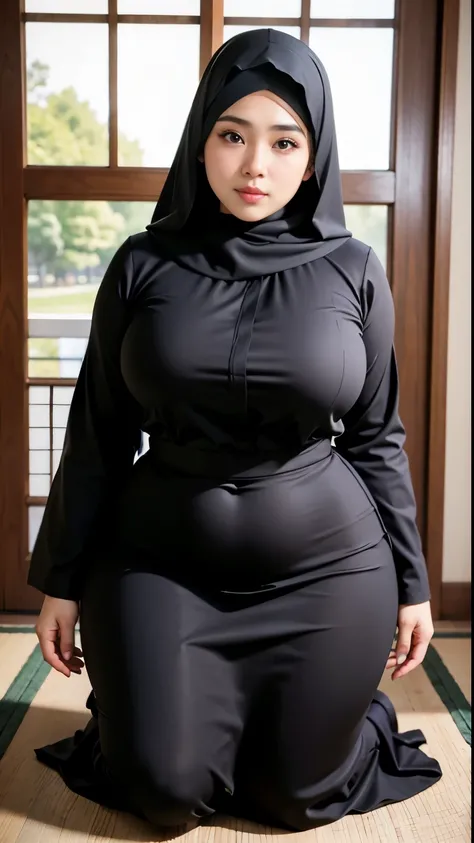 there is a woman kneeling down with a hijab, bbwchan, thicc, hijab outfit, hijab fashion model, korean girl, korean woman, wearing dark-brown robe, full length shot, alluring plus sized model, japanese goddess, clothed in hooded, voluptuous and arousing, p...