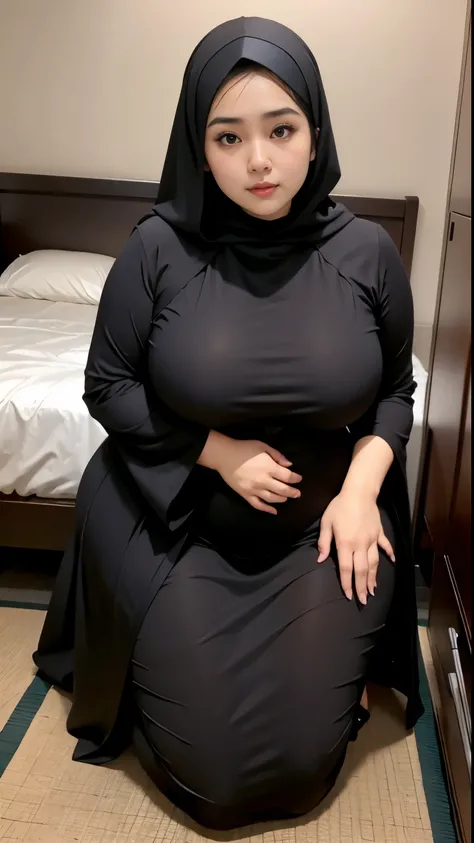 there is a woman kneeling down with a dark-brown hijab, bbwchan, thicc, dark-brown hijab outfit, dark-brown hijab fashion model, korean girl, korean woman, wearing dark-brown robe, full length shot, alluring plus sized model, japanese goddess, clothed in h...