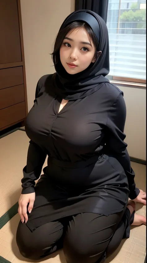 there is a woman kneeling down with a dark-brown hijab, bbwchan, thicc, dark-brown hijab outfit, dark-brown hijab fashion model, korean girl, korean woman, wearing dark-brown robe, full length shot, alluring plus sized model, japanese goddess, clothed in h...