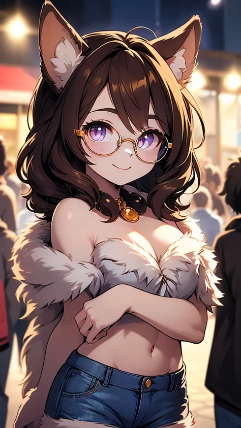 cat girl,dark brown shoulder length short hair,beig fur,pubic fur,neck fur,ultra detailed fur,white strapless,denim shorts,glasses,round gold necklace,looking at viewer,smile,blush,close eye,upper body only,public street,among crowd