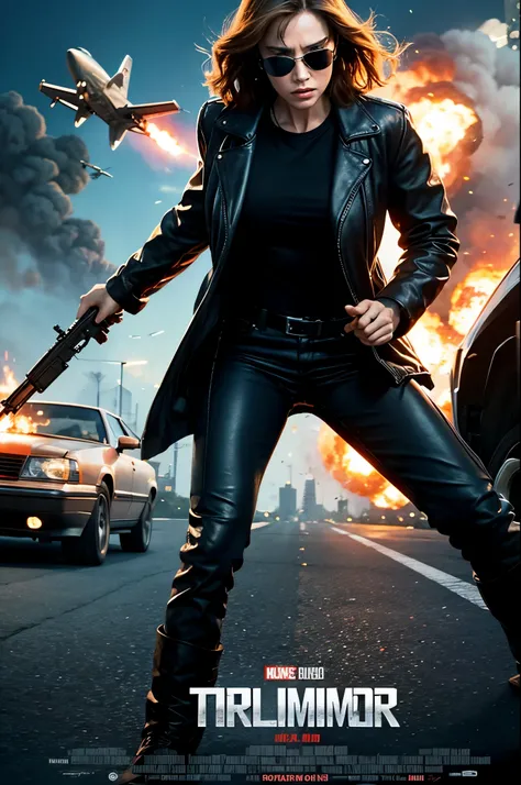 terminator movie poster, explosions, guns, cars, Planes