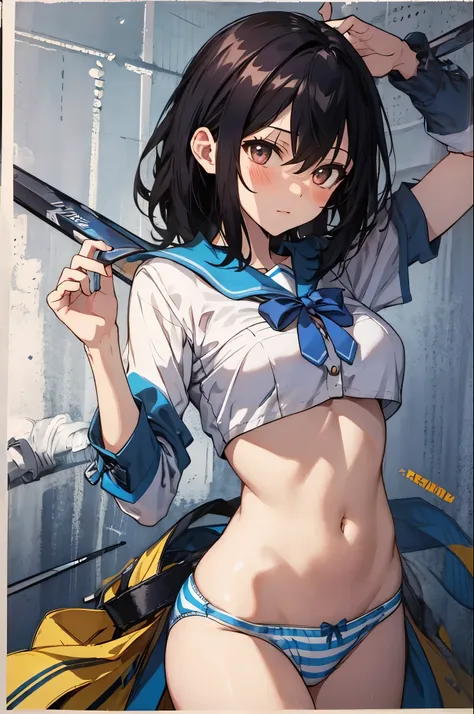 nsfw,cowboy shot,1girl yukina himeragi short hair,serafuku blue bow,standing, arms behind back, (striped panties:1.3),blush, top...