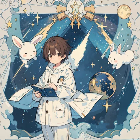 A brown-haired boy wearing white pajamas is looking at the starry sky. A stuffed rabbit, a starry sky, a big moon, the world of picture books,