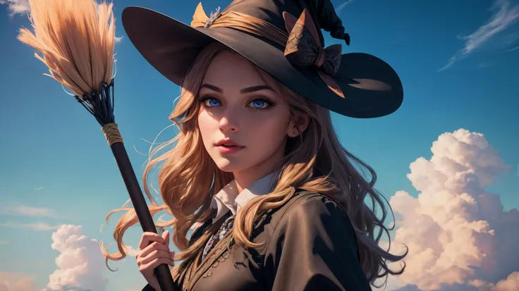 Witch side-sitting on a magical broom flying, majestic ascent, beautiful detailed eyes, beautiful detailed lips, extremely detailed eyes and face, long eyelashes, (best quality,4k,8k,highres,masterpiece:1.2), ultra-detailed, (realistic,photorealistic,photo...