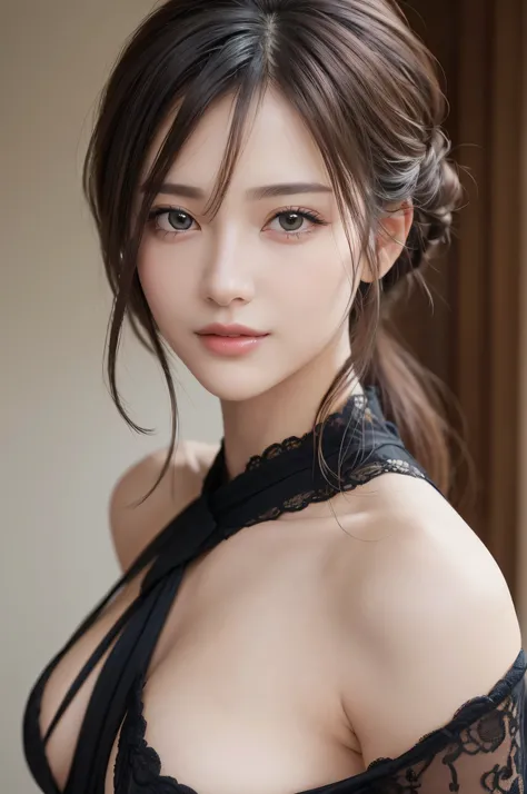 1woman, Updo hairstyle, (Ultra realistic, high res), (highly detailed eyes, highly detailed hair, highly detailed face, highly detailed plump lips), (off shoulder with open breasts), breasts, upper body, caute smile, (best quality:1.4), Raw photo, (realist...