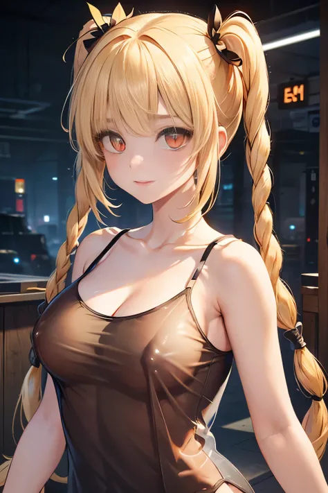 Optimal，masterpiece，High resolution，highest quality，hyper hd，Super detailed，award-winning，16k，alone，（Upper body），correct anatomy，Beautiful Cyberpunk Girl，cowboy shot、cute face，，blonde、long hair、twin tails、Braid, hair line，（（scarlet eyes）），long eyelashes，dr...