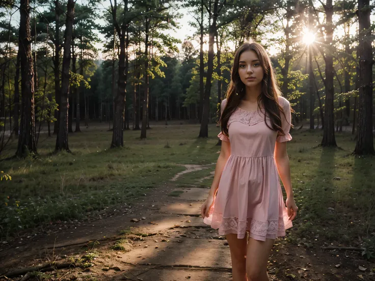 young woman looking at camera, mid shot, pink dress, forest, spring mysterious atmosphere, bright sunset