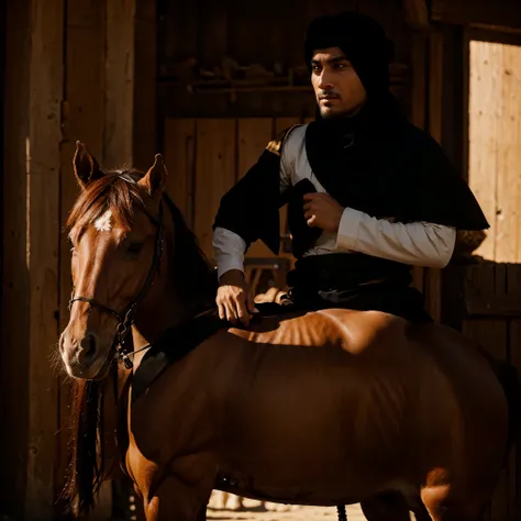 Muslim commander, Muhammed bin qasim, smart and strong sit on horse. 