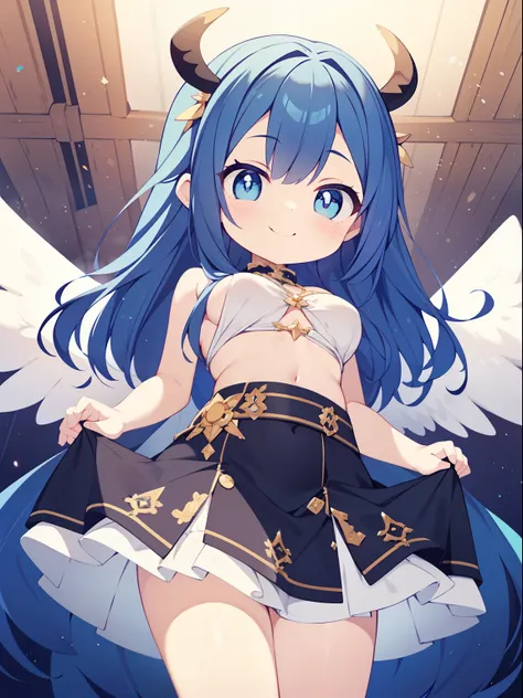 (angel girl:1.2), (1 person:1.2),(10 year old girl)、young girl、big breasts、 nffsw、shader、highly detailed eyes、big breasts、loose and fluffy long hair,、side boob、Glossy cleavage、blue hair、angel wings、silky hair、Angel attire(White thin fabric、plain colors、min...