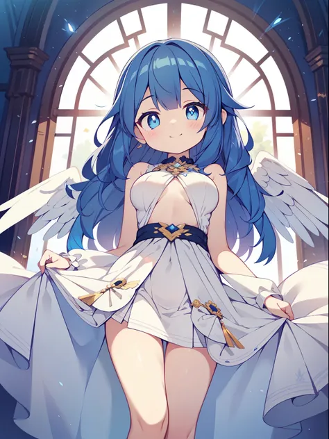 (angel girl:1.2), (1 person:1.2),(10 year old girl)、young girl、big breasts、 nffsw、shader、highly detailed eyes、big breasts、loose and fluffy long hair,、side boob、Glossy cleavage、blue hair、angel wings、silky hair、Angel attire(White thin fabric、plain colors、min...