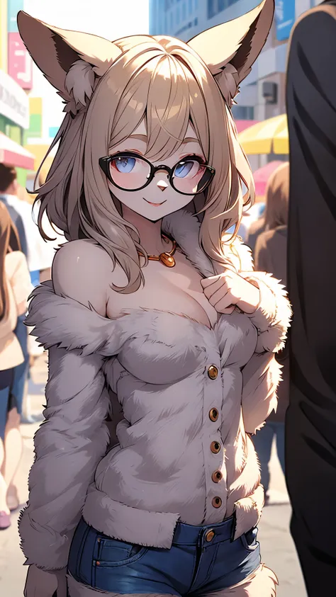 cat girl,furry,dark brown shoulder length short hair,beig fur,pubic fur,armpits fur,neck fur,ultra detailed fur,white strapless,denim shorts,glasses,round gold necklace,looking at viewer,smile,blush,close eye,upper body only,public street,among crowd