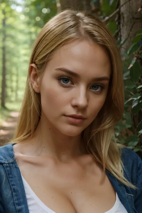 blonde swedish girl, beaux yeux bleus, shaped face, stunning look, very detailed, instagram model, photo, somewhere in the woods