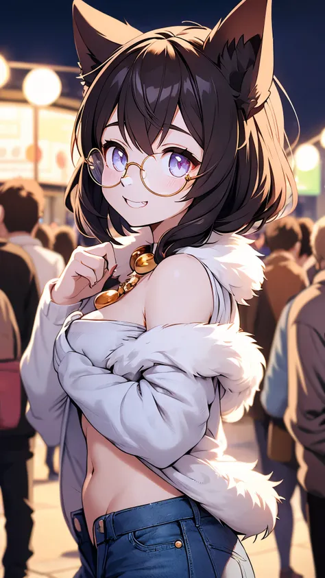 cat girl,furry,dark brown shoulder length short hair,beig fur,pubic fur,neck fur,ultra detailed fur,white strapless,visible belly,denim shorts,glasses,round gold necklace,looking at viewer,grin,blush,close eye,upper body only,night,public street,among crow...