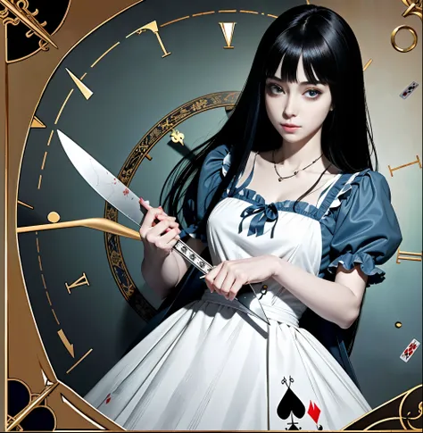 (masterpiece, highest quality)
alice horror, 1 girl, alone, black hair, wonderland background, butterfly、alice with a large bloo...