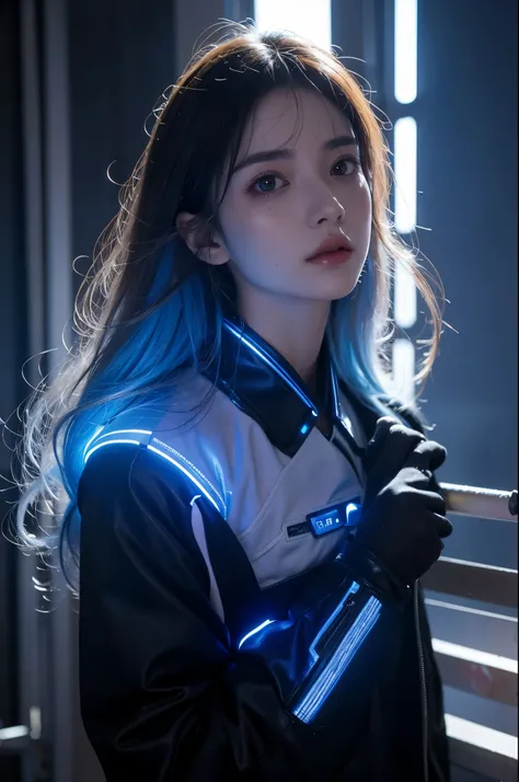 8K, masters work, complete figure, focusing on calves, 18 years old, wearing transparent science fiction clothes, exquisite faces, details, hands, ultimate details, amazing magnificent, LED internal lighting, Cyberpunk style, fiber fiber hair , Glowing blu...