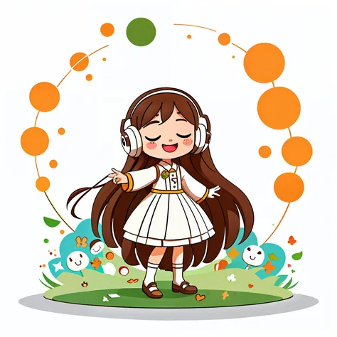 Girl with long brown hair，Wearing a white wedding suit，（listen to music），（聆listen to music），enjoy music，（There is love）happy，Surrounded by love，Surrounded by love，O sign，vector，line art，design，inspiration，straight line，RHAD