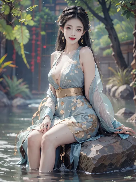 (best quality,Super detailed,actual:1.37), 1girl, fashi-girl, red lips, mature female, makeup, portrait,beautiful young girl,young female model,river bank and rock or temple or bridge, sitting position,sitting on a rock,Soaked all over,masterpiece,extremel...