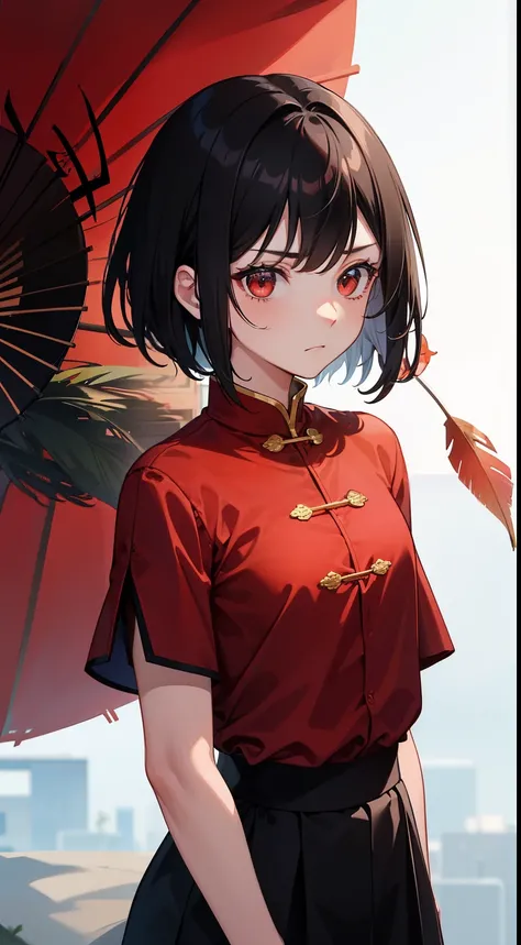 young girl, short black hair, red-eyes, Chinese red short-sleeved shirt, Via Hanifa, frown, muscular woman, Feather Fan, Masterpiece, hiquality