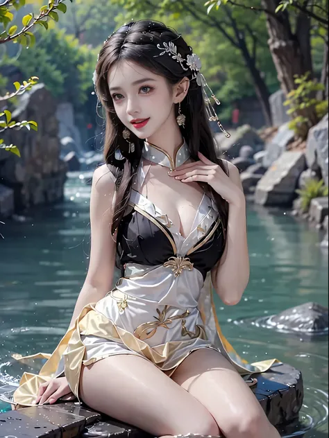 (best quality,Super detailed,actual:1.37), 1girl, fashi-girl, red lips, mature female, makeup, portrait,beautiful young girl,young female model,river bank and rock or temple or bridge, sitting position,sitting on a rock,Soaked all over,masterpiece,extremel...