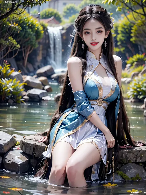 (best quality,Super detailed,actual:1.37), 1girl, fashi-girl, red lips, mature female, makeup, portrait,beautiful young girl,young female model,river bank and rock or temple or bridge, sitting position,sitting on a rock,Soaked all over,masterpiece,extremel...