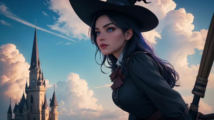 Witch side-sitting on a magical broom flying, majestic ascent, beautiful detailed eyes, beautiful detailed lips, extremely detailed eyes and face, long eyelashes, (best quality,4k,8k,highres,masterpiece:1.2), ultra-detailed, (realistic,photorealistic,photo...