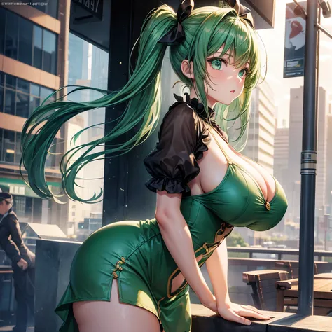 1girl, detailed face, detailed eyes, green hair, twin ponytails, emerald eyes, huge breasts, huge ass, short dress, outdoors, city