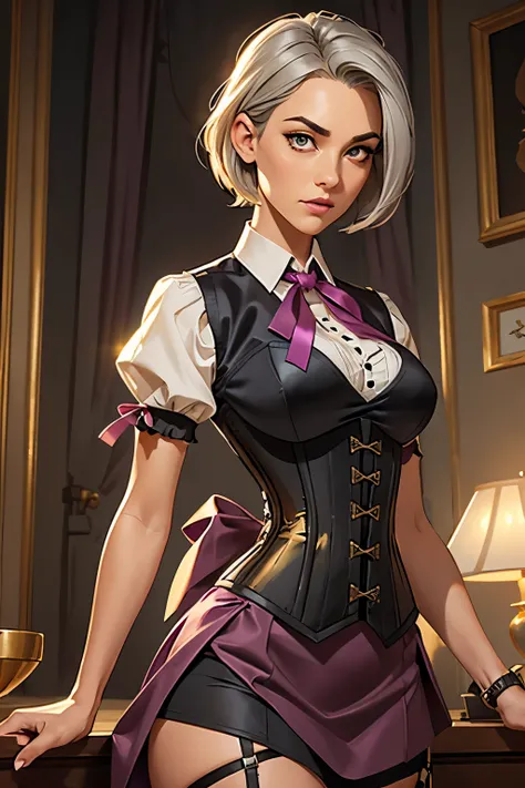 Girls, gray-haired, short-haired, yellow-eyed, small breasts, cat hair ornament, sidelocks, gray-haired, shiny hair, uniform, (golden eyes: 1.2), (two long triangular extensions on the skirt, vest corset on the stomach), white buttons of the vest corset, (...