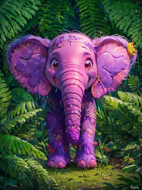 There is a cute elephant，Big ears perpendicular to both sides of the head，Long nose，happy，eating banana，Take a walk in the tropical rainforest，Pixar style illustration，