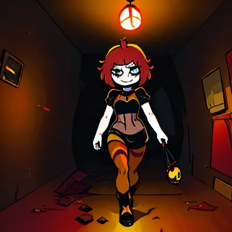 ruby gloom, rubygloom, ruby, red hair, short hair, A monstrous being an anomaly with a grotesque appearance, (((wearing default outfit, ruby gloom, SFW, black short dress, yellow and red leggings, black goth boots)), much more sangu and horror environment,...