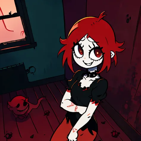 ruby gloom, rubygloom, ruby, red hair, short hair, A monstrous being an anomaly with a grotesque appearance, much more sangu and horror environment, flat coloring, no shading, dark saturated colors, smiling, happy, by vivinos, abandoned apartment hallway, ...