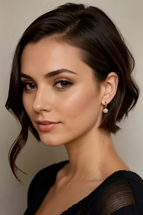 A woman in a black top and earrings posing for a photo, with subtle makeup, short brown hair and big eyes, with prominent cheekbones, sharp cheekbones, short slicked back hair, wearing pearl earrings, beautiful cheekbones, chin-length hair, short brown hai...