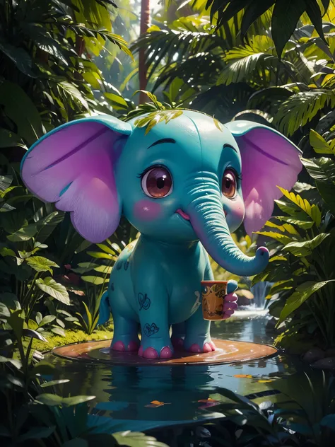 There is a cute elephant，Big ears perpendicular to both sides of the head，Long nose，happy，Drinking water by the water in the tropical rainforest，Pixar style illustration，