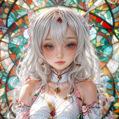 KAWAII girl in ((WHITE)) (loose opened uniform), with Glossy RED lips, (Exposed:0.9), (nipple:-1), { Extremely closeup | Dynamic-angle }, ((Dazzling stained glass Background)), (( colorful Light pours down from stunning elaborate stained glass:1.2)), vivid...