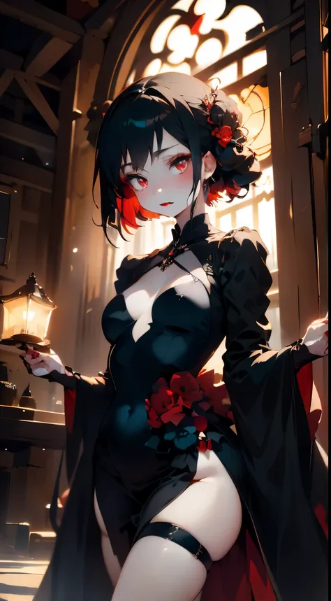 one girl、unparalleled beauty、cute face、ruddy face、fine eyes、(((vampire、deep red eyes、black lips、Expressionless)))、dark fantasy、Drifting eroticism、short bob、Classy dresses、small breasts、ancient city、dark drawing room、Luxurious ornaments、dark lighting、dark l...