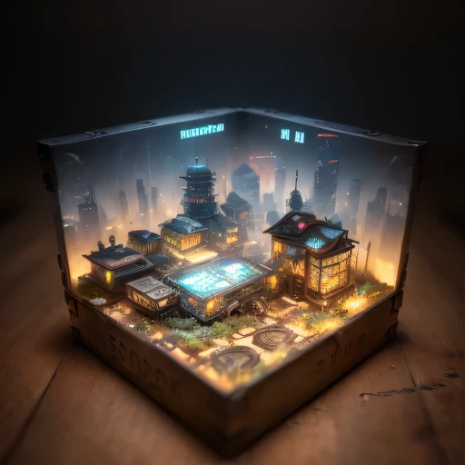 small realistic model, (bifurcation, original photo, best quality, masterpiece:1.4),SteampunkCyberpunk6920 City,(Cyberpunk light:1.3), Mards,horizon (related to land),(in a small nature box:1.3),Isometric, small nature, landscape on foundation,landscape,