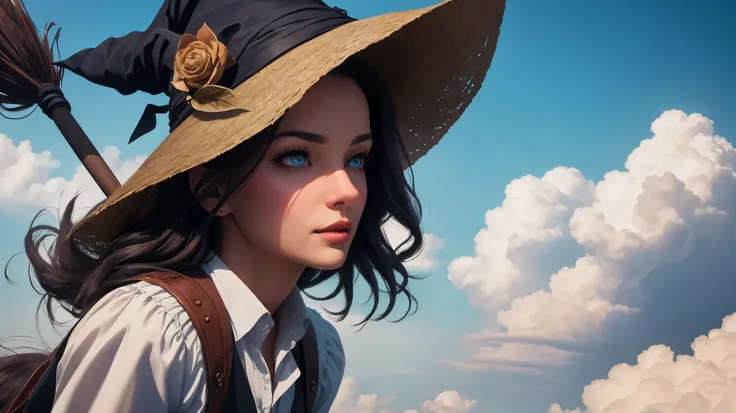 Witch side-sitting on a magical broom flying, majestic ascent, beautiful detailed eyes, beautiful detailed lips, extremely detailed eyes and face, long eyelashes, (best quality,4k,8k,highres,masterpiece:1.2), ultra-detailed, (realistic,photorealistic,photo...