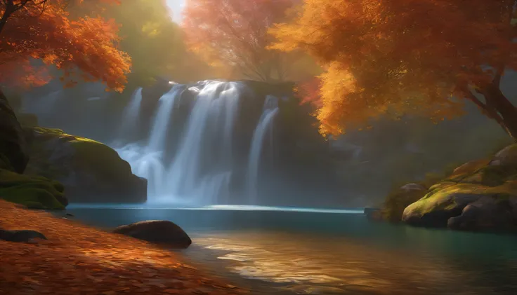 Masterpiece, top quality, high quality, highly detailed CG Unity 8k wallpapers, ) very colorful and purely fantasy environment with bright skies, littered with brightly colored leaves), images of autumn foliage, and the air is filled with sweet exotic scen...