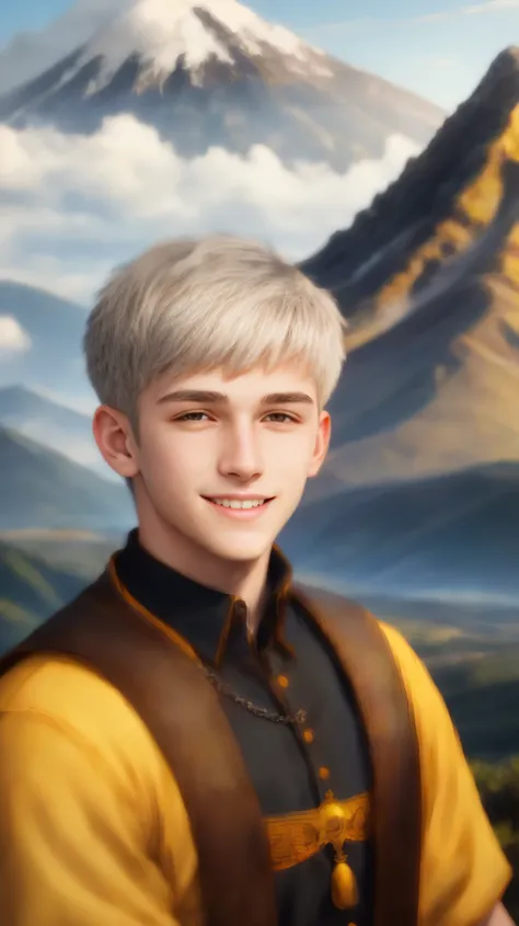 High resolution, portrait, young guy 18 years old, amber-yellow eyes, light gray hair, short haircut, yellow eyes, smile, crown, portrait, mountains, volcano, realism, fantasy are visible in the background