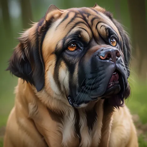 Create a stunning image that captures the majesty and captivating personality of the English Mastiff. Explore the breed&#39;s enchanting beauty, highlighting details such as noble expression, o porte imponente e a pelagem luxuosa. Use techniques that highl...